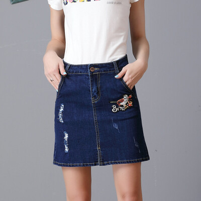 

Longyue Women Retro Embroidered Elastic Cowboy Short Skirt Embroidered Semi-Body A Skirt LWQZ173421 Dark Blue