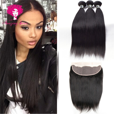 

Amazing Star Indian Virgin Hair 3 Bundles with Frontal Straight Unprocessed Human Hair Weave with Closure Cheap Price Soft Bouncy