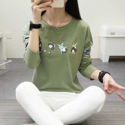 

VIVAHEART casual sweet simple fashion Slim hit color printing round neck collar long sleeve down T-shirt VWLCTC1656 green L