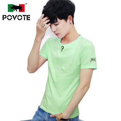 

Paulo rhinoceros (POVOTE) Футболка мужская круглая шея Тонкий сплошной цвет хлопок письма буквы короткий раздел молодежной мужской мужской мужской мужской одежды PVYRT233 зеленый L
