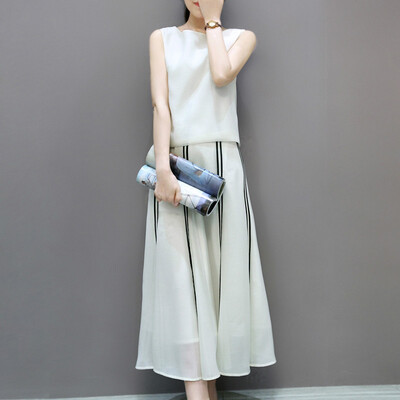 

Ах Sin 2017 женщин Корейский темперамент выращивания диких моды простой и элегантный длинный отрезок шифон юбка костюм с коротким рукавом M zx16040516