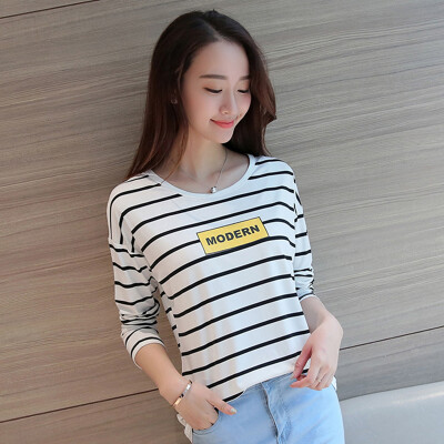 

Longyue Women's Tiny Slim Shirt Fashion Navy Wind Striped Long Sleeve Tee LWHSTC1617 White L