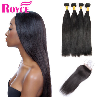 

Royce Malaysian Silky Straight 4Bundles with Closure Unprocessed Human Hair Weave Extensions Straight Bundles with4*4 Lace Closure