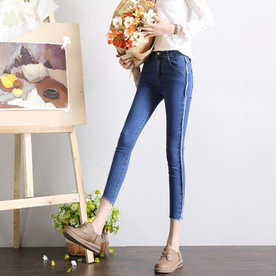 

CITYPLUS Felt hit color pencil elastic high waist feet nine points jeans CWKN172462 dark blue