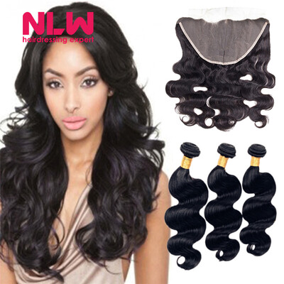 

N.L.W. 10A Brazilian virgin human hair 3 bundles with frontal Body wave hair weaves with frontal