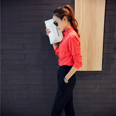 

Xian Ya fashion Slim temperament was thin Korean version of pure color wild chiffon shirt two sets of suit female zx16021703 red black pants M