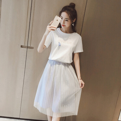 

VIVAHEART Korean Women' Letter Embroidered Dress T-Shirt Skirt Set VWQZ174250 White