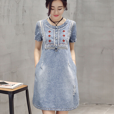 

2017 Summer Denim Dress Sweet Joker Round Neck Short Sleeve Large Size Loose Bag Hip Skirt S62A0675A507M Denim Blue M