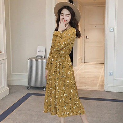 

Long Yue Women Floral Chiffon Long Sleeve Dress Butterfly Tie With Slim Slim Long Skirt LWQZ172117 Yellow