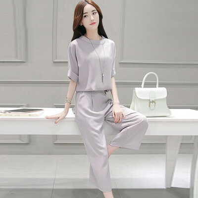 

Siberian Woman 2017 Summer Gray Short Sleeve Tunic Collar High Waist Harlan Wide Leg Pants Set Spring S72R0251A11M Gray M