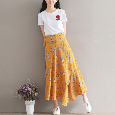 

City Plus CITYPLUS Arts Fan Fashion White T-shirt with Chiffon Knee Flower Skirt Two-piece set CWQZ174455 Yellow L