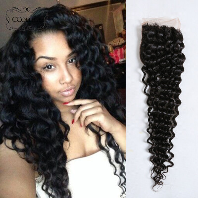 

8A Malaysian Deep Wave Closure 4*4 100% Malaysian Human Hair Deep Wave Lace Closure Bleached Knot Middle Free Three Part