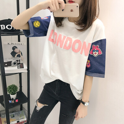 

VIVAHEART fashion embroidery cowboy stitching short-sleeved T-shirt female loose half-sleeved coat tide VWTD174234 black L