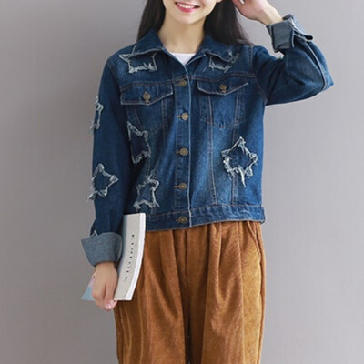 

City Plus CITYPLUS Arts & Crafts Broad Star Relaxation Code Long Sleeve Denim Cloth Patch Short Jacket CWWY173351 Blue L
