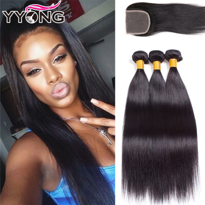 

YYONG Hair Brazilian Straight Hair With Closure 3Pcs 1B 8A Silk Natural Color Brazilian Hair With Closure Fast Shipping