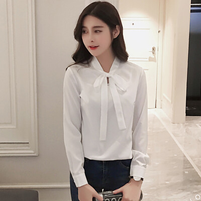 

Longyue Women&39s College Pure Color Shirt Shirt Shirt Slim Long Sleeve Bow Shirt LWCC173314 White