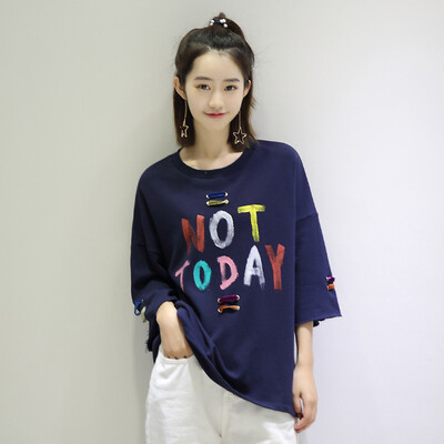 

City Plus CITYPLUS Arts & Crafts Casual Loose Loose Letter Prints Five Sleeve T-Shirt Women CWTD173450 Blue M