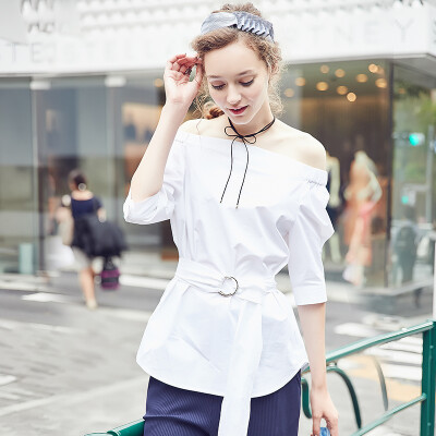 

Yixiang Li Ying 2017 spring new word collar with waist five sleeves shirt shirt 970311328 white