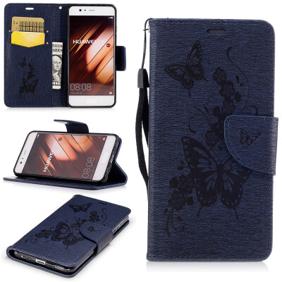 

Deep Blue Butterfly Style Embossing Classic Flip Cover with Stand Function and Credit Card Slot for HUAWEI P10