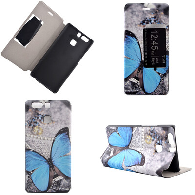 

Blue Butterfly Design PU Leather Flip Cover Wallet Card Holder Case for Huawei P9