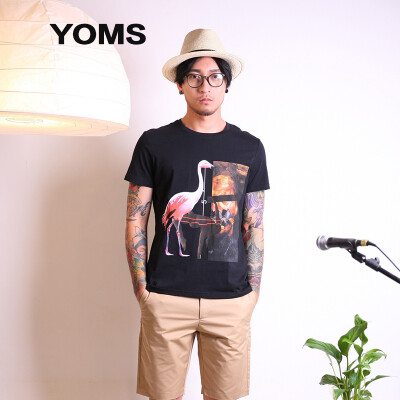 

YOMS) short-sleeved T-shirt male fine cotton business casual short-sleeved printing primer shirt male 52226153 black