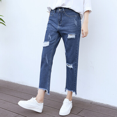 

KuoyiHouse 916 2017 new jeans female corridor burr pants in the waist Slim was thin wild straight trousers blue 32