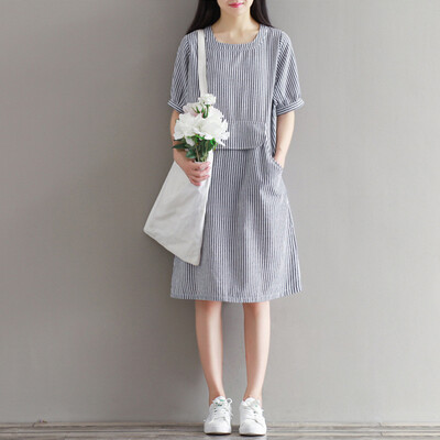 

CITYPLUS Sen female art retro cotton and linen casual loose U-shaped striped short-sleeved dress CWQZ172257 striped M