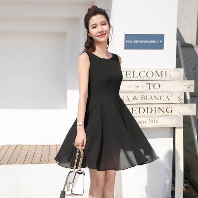 

Antarctic nanjiren Dress Chiffon Slim Simple Medium Long Dress Black Black