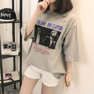 

VIVAHEART Korean casual picture printing pattern loose white T-shirt female short sleeve tide VWTD174131 gray M