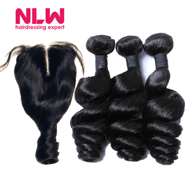 

N.L.W. 10A Brazilian virgin human hair 3 bundles with closure Loose wave hair weaves with closure