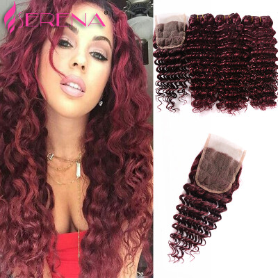 

Peruvian Burgundy Hair Deep Wave 3 Bundles With Lace Closure 99J Wine Red Deep Curly Human Hair Weaves With Closure