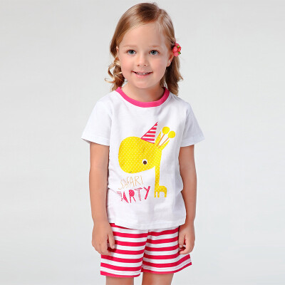 

Xin Song children 's suits girl deer printing T - shirt shorts suit B148A rose red stripes 100