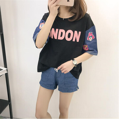 

VIVAHEART fashion embroidery cowboy stitching short-sleeved T-shirt female loose half-sleeved coat tide VWTD174234 black L