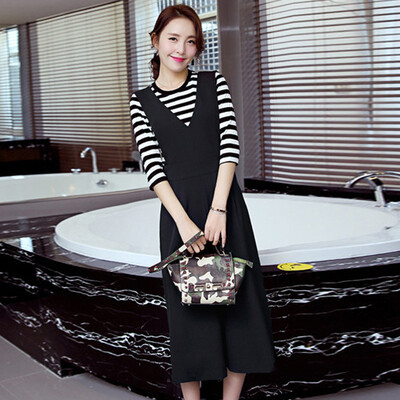 

Yutang 2017 fashion temperament Slim striped round neck sleeves T-shirt spring belt pants wide leg pants fashion suit female S71R0549 black