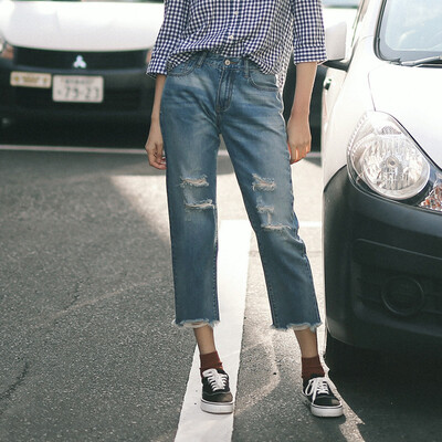 

And pure Raincun hole denim cropped trousers women loose thin edging cover wide leg pants straight pants N2276 27 yards