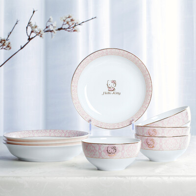 

HELLO KITTY Ceramic Tableware 8pcs Set New Bone Cutlery Chopsticks Gift Box European Style Pink Style W017S
