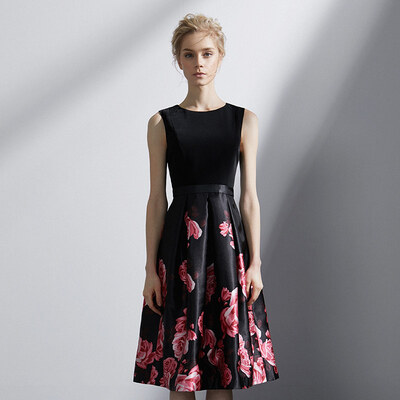 

Marc Rebecca elegant print stitching sleeveless S-shaped dress 72006E black printing S code