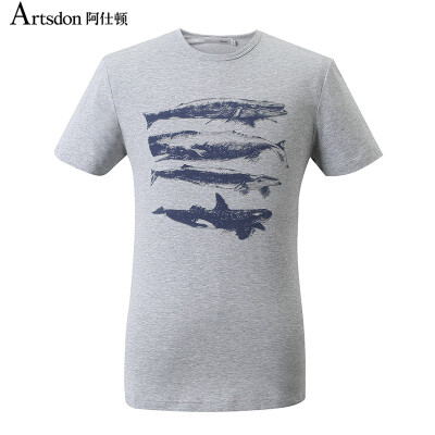 

Aston Summer Men Casual Round Shark Shark Print Short Sleeve Tee Gray 170 /  A2110073