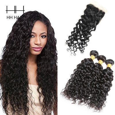 

HHHair Brazilian Water Wave Virgin Hair 3 Bundles With Closure Brazilian Virgin Hair With Lace Closure