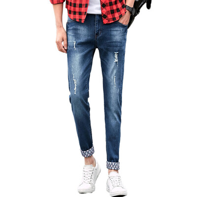 

Мэн Траск (шведские кроны) Стройные джинсы мужской молодежи тенденция небольших прямые случайных брюки нога LNK70010 кошачьих разорван синие джинсы 31