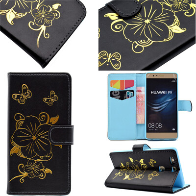 

Black Hot Stamping Foil Gold Design PU Leather Flip Cover Wallet Card Holder Case for Huawei P9EVA-AL00