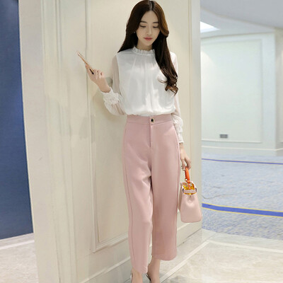 

Siberian woman 2017 autumn ladies solid color OL shirt pink nine points wide leg pants suit S71R0359A1182XL on the white powder