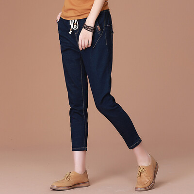

City Plus CITYPLUS Artist Fan Sen Department of elastic nine points pants loose waist loose feet Harlan jeans women CWKN171153 blue