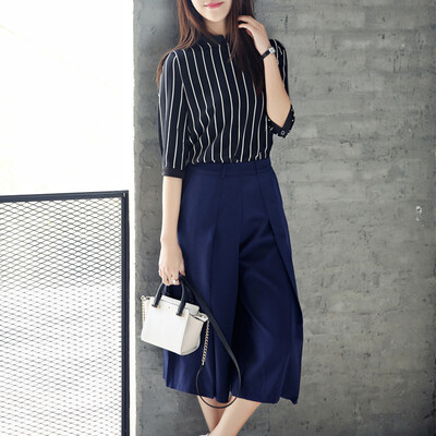 

Longyue women&39s vertical stripes in the sleeve chiffon shirt simple wide leg pants suit LWXS173415 black