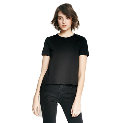 

UR ladies women&39s round neck lace stitching short sleeve T-shirt WG24R4EN2000 deep black S