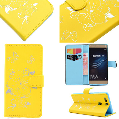 

Yellow Hot Stamping Foil Gold Design PU Leather Flip Cover Wallet Card Holder Case for Huawei P9/EVA-AL00