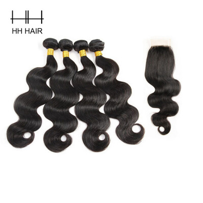 

HHHair Cambodian Body wave Hair 4 Bundles With 1pc Closure Unprocessed Virgin Human Hair Weft with 1pc 4x4 Inch Free Part Closure