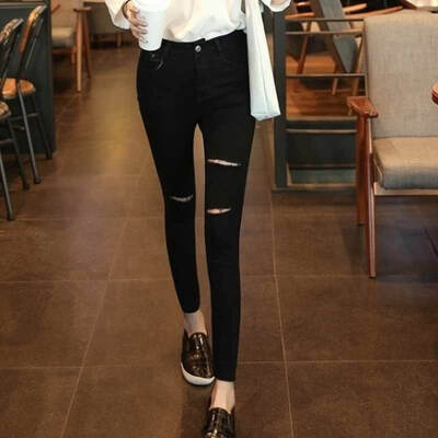 

Fubian cents FUBIXIAN Korean version of high waist fashion casual hole feet nine points jeans K4225 black 26