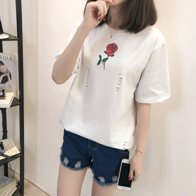 

VIVAHEART Korean casual fashion rose print T-shirt round neck short sleeve jacket female VWTD174132 black