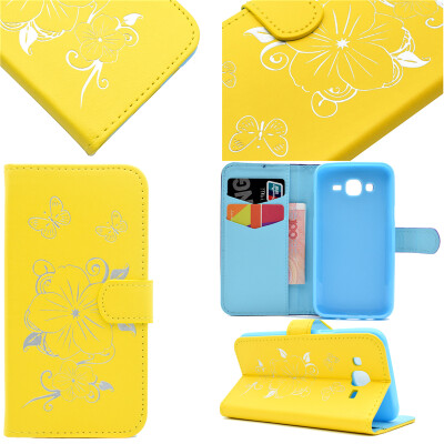 

Yellow Hot Stamping Foil Gold Design PU Leather Flip Cover Wallet Card Holder Case for Samsung GALAXY J5